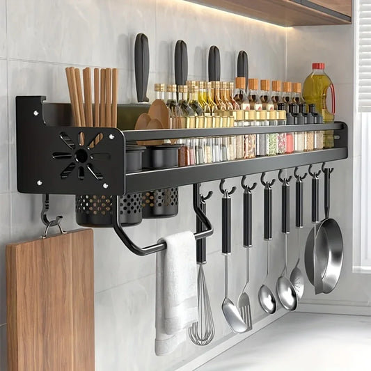 Wall-Mounted Spice Rack - Kitchen Storage Organizer with Hooks for Utensils and Tableware - ZOOMNSTORE
