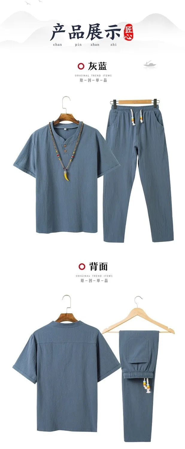 Linen Cotton T-shirt Men's Set Chinese Style Short Sleeve Sportswear +trousers 2 Piece Sets Summer Men Tracksuit Solid Suit