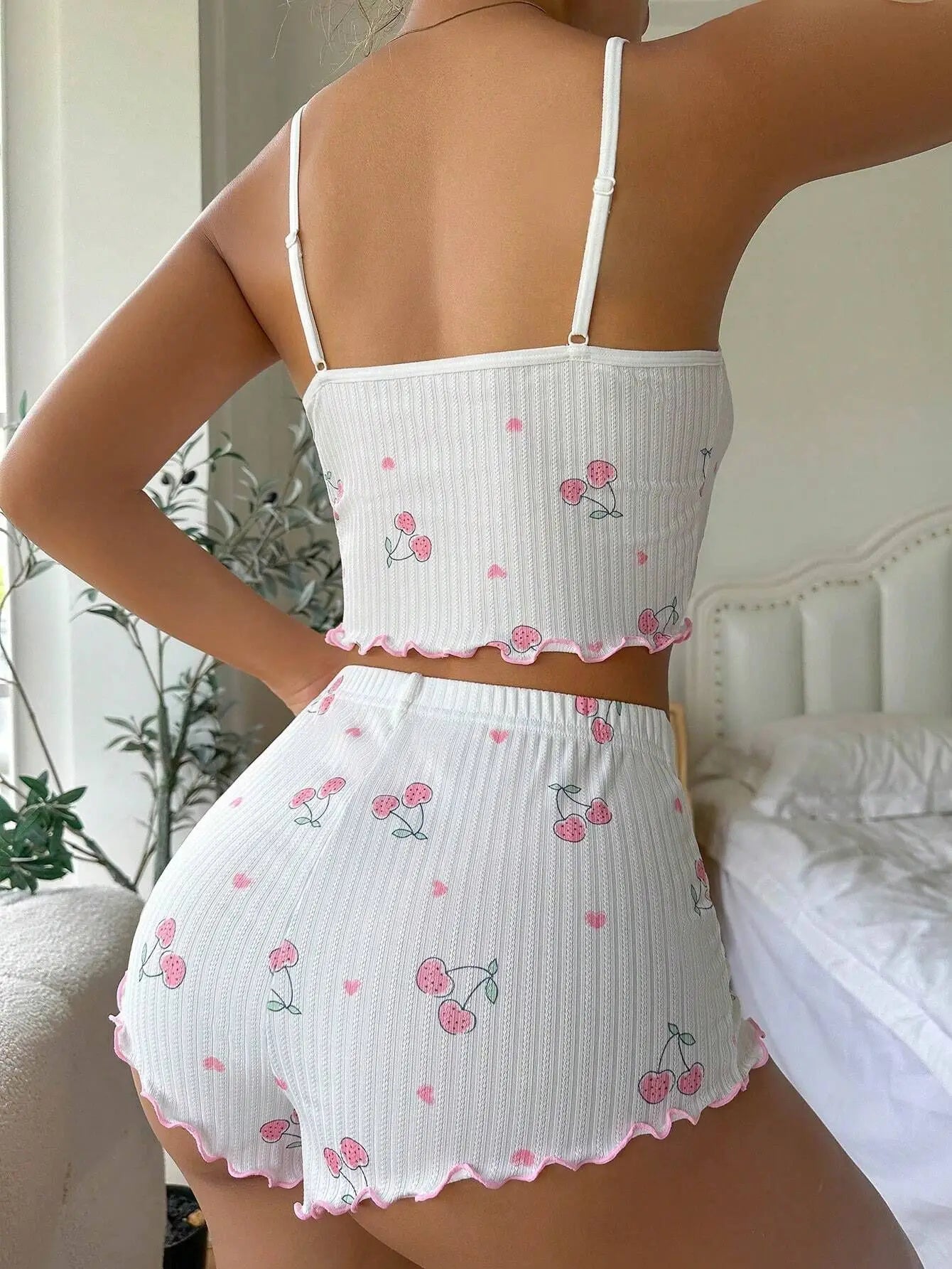 Womens Summer Pajama Set - Heart Print Backless Crop Top  Shorts Nightwear - ZOOMNSTORE