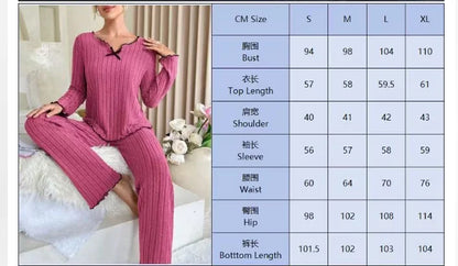Women Autumn Winter Sleepwear Ribbed Pajamas Set Long Sleeve Top and Long Pants 2 Piece Set Casual Homewear Loungewear