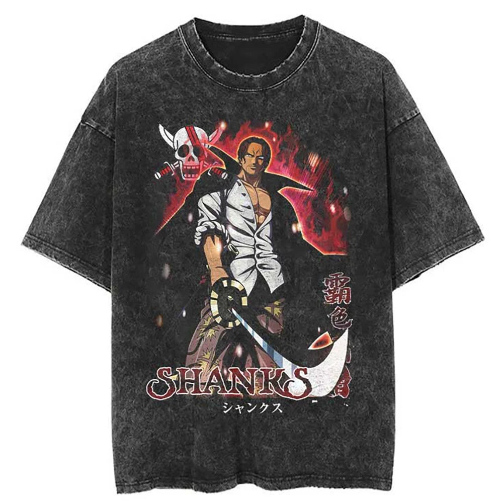 One Piece T-shirts Graphic Men Casual Oversized Washed Harajuku T-shirt Washed Japanese Anime Loose Streetwear Black Tops Tees