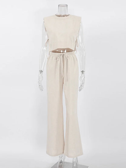Spring Summer 2025 Women Holiday Linen Pant Set Crop Tops Solid Outfits 2 Two Piece Matching Set For Women