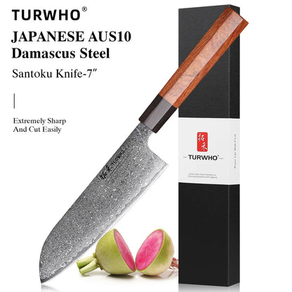 Damascus Steel Japanese Chef Knife - Hand Forged Santoku  Sashimi Blade