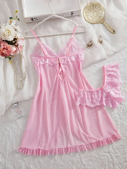 A Set Pink Cute Women Sweet Nightdress And Panty Pijamas Suit Sleeveless Halter Nightgown Short Sets V-Neck Bra Thong Luxury Kit