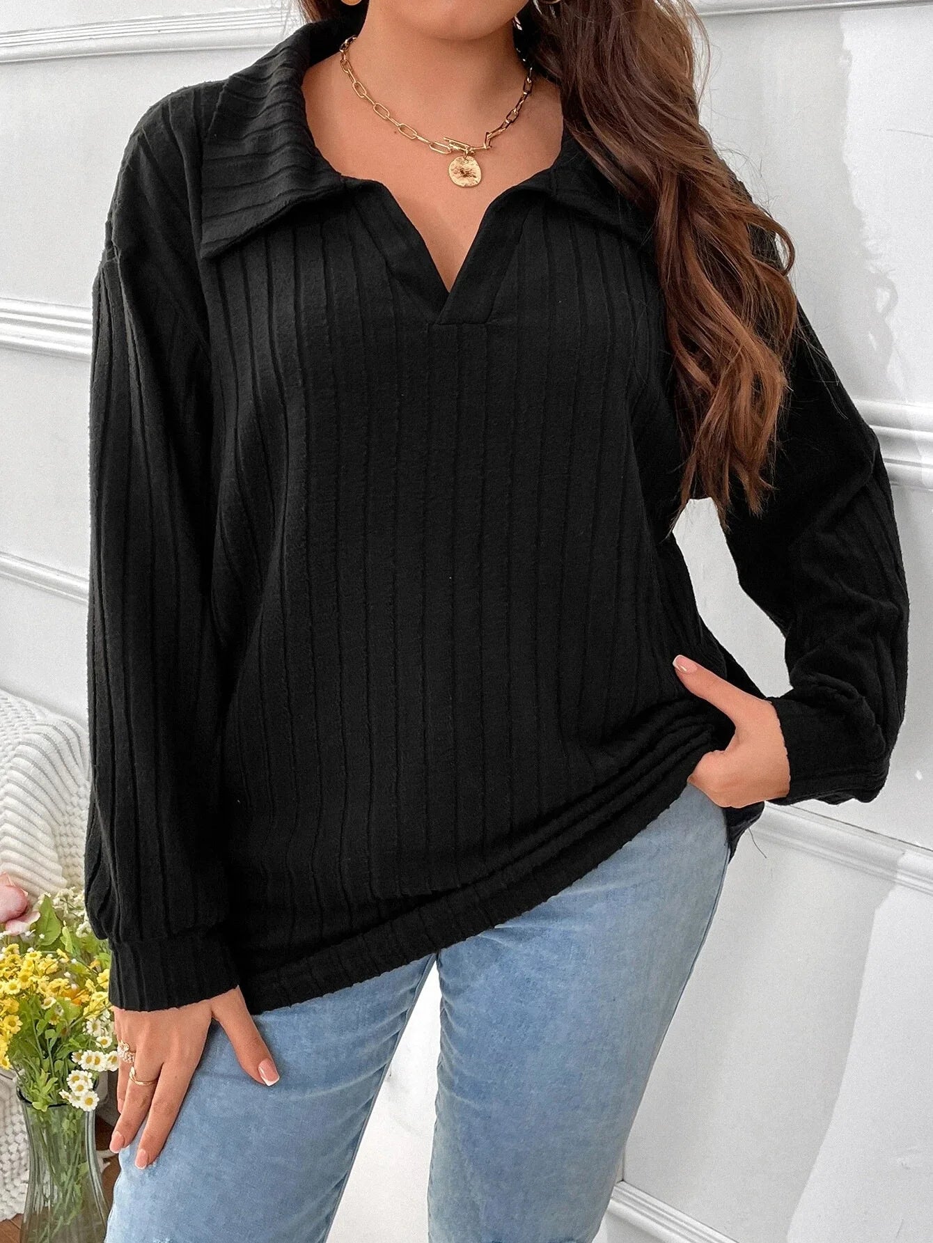 Plus Size Tshirt - Women's Casual Ribbed Knit Long Sleeve Polo Collar Tee