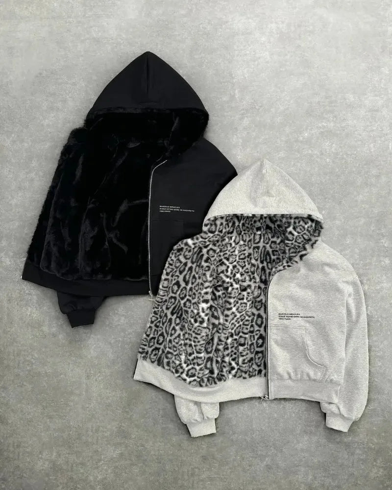 Hip-hop New Two-sided Clothing Harajuku Retro Leopard Print Fashionable Loose Zipper Hoodie Men Street Casual Sweatshirt Women