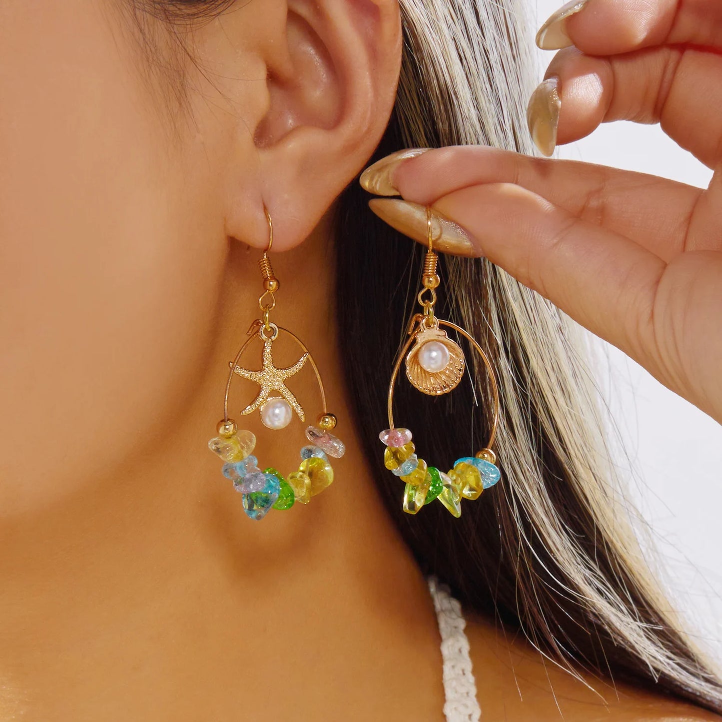 Boho Stone Hoop Earrings – Starfish & Shell Dangle (Y2K Beach)