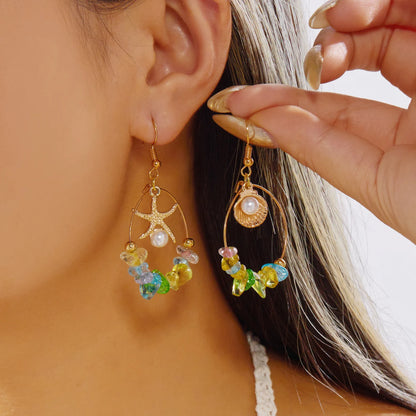 Boho Stone Hoop Earrings – Starfish & Shell Dangle (Y2K Beach)