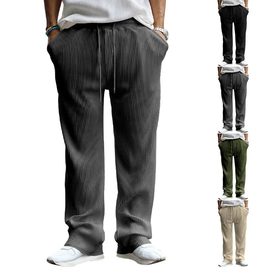 Maden Vintage Solid Color Corduroy Pants Straight Loose Casual Trousers with Elastic Waist and Pockets for Men's Autumn Winter