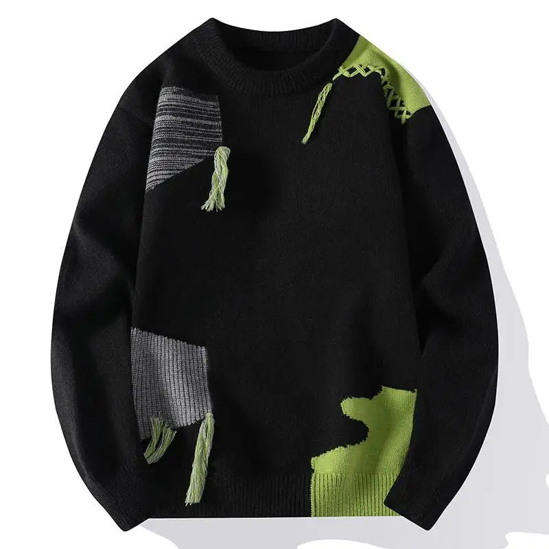 Patchwork Knitted Sweater - Men's Autumn Casual Streetwear Warm Pullover Jumper