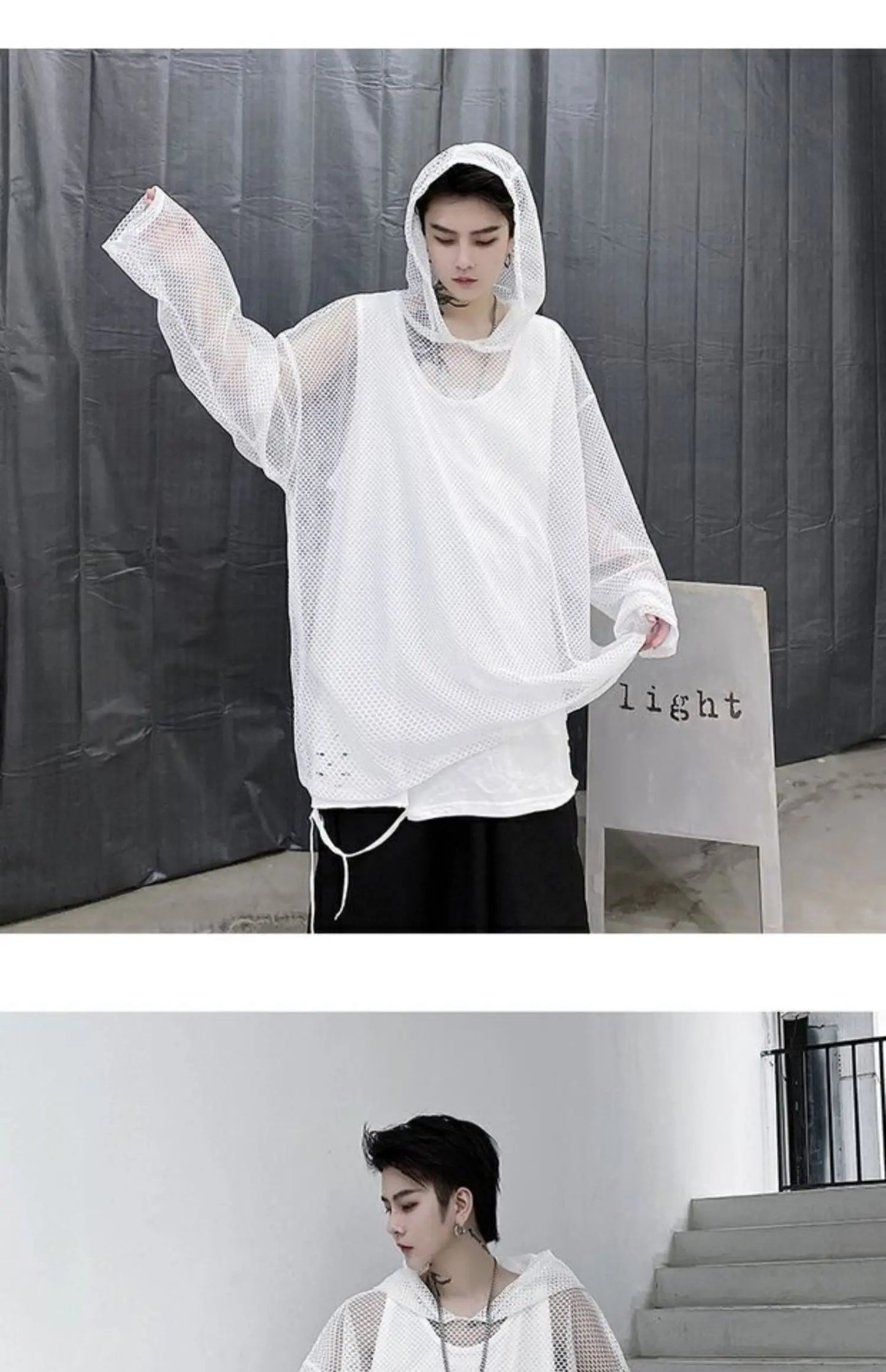 2024 Summer Dark Hollowed Out Mesh Hoodies T-shirt For Men Women Long Sleeves Loose Hooded Mesh Transparent Shirts