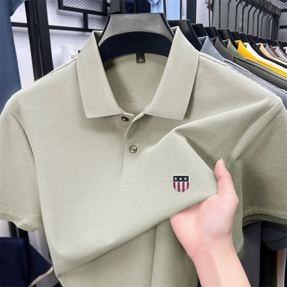 Men's Summer Luxury 100% Cotton Polo Shirt, Lapel Print Short Sleeve T-shirt, Breathable Business Casual Menswear