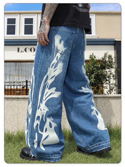 LIYS Men's American High Street Flame Printed Jeans Retro Fashion Loose Wide Leg Hairy Straight Leg Floor Pants Trendy Brand Y2K
