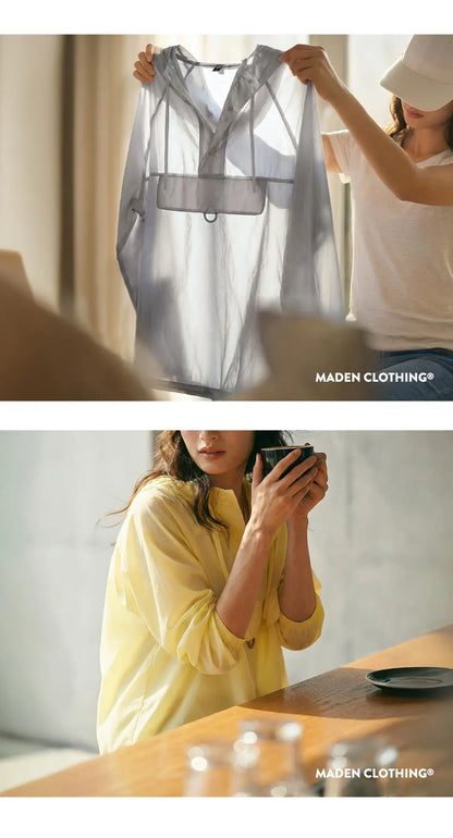 Maden Women's Ultra Lightweight Sun Protection Hoodie Sheer Breathable Pullover Half Button Loose Fit Summer Jacket Yellow