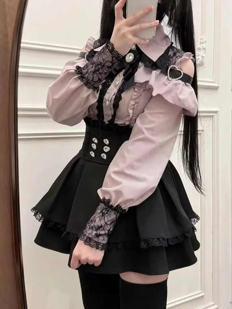 Japanese Y2 Aesthetics Vintage Bow Dress Shorts Set Women Gothic Lolita Style Long Sleeve Shirt Dress Elegant Party Dress Suits