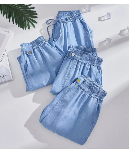 Plus Size Ice Silk Denim Pants Yoga Sports Thin Loose Style Women's Summer Casual Wide Leg Pants Harajuku Style Loose Waist