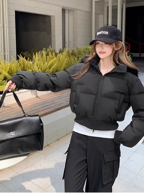Hooded Puffer Jacket Women Winter Thick Warm Short Coat With Fur Collar Cinched Waist Plush Casual Sweet Streetwear Outerwear