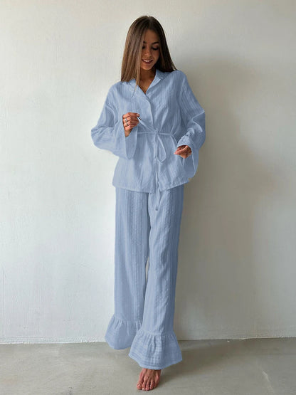 Women Cotton Pajamas - Long Sleeve Nightwear Set With Turn-Down Collar & Loose Pants
