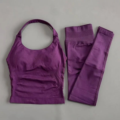 2 Piece Women Gym Set Seamless Halter Sports Top High Waist Leggings Tummy Control Squat Proof Yoga Fitness Activewear
