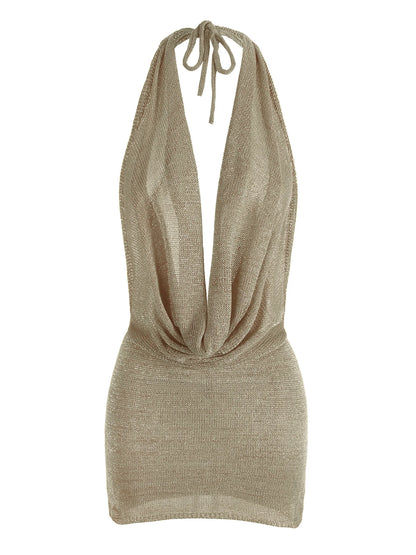 Silk Backless Mini Dress - Slim Fit Summer Vacation Dress With Deep V Neck & Spaghetti Straps