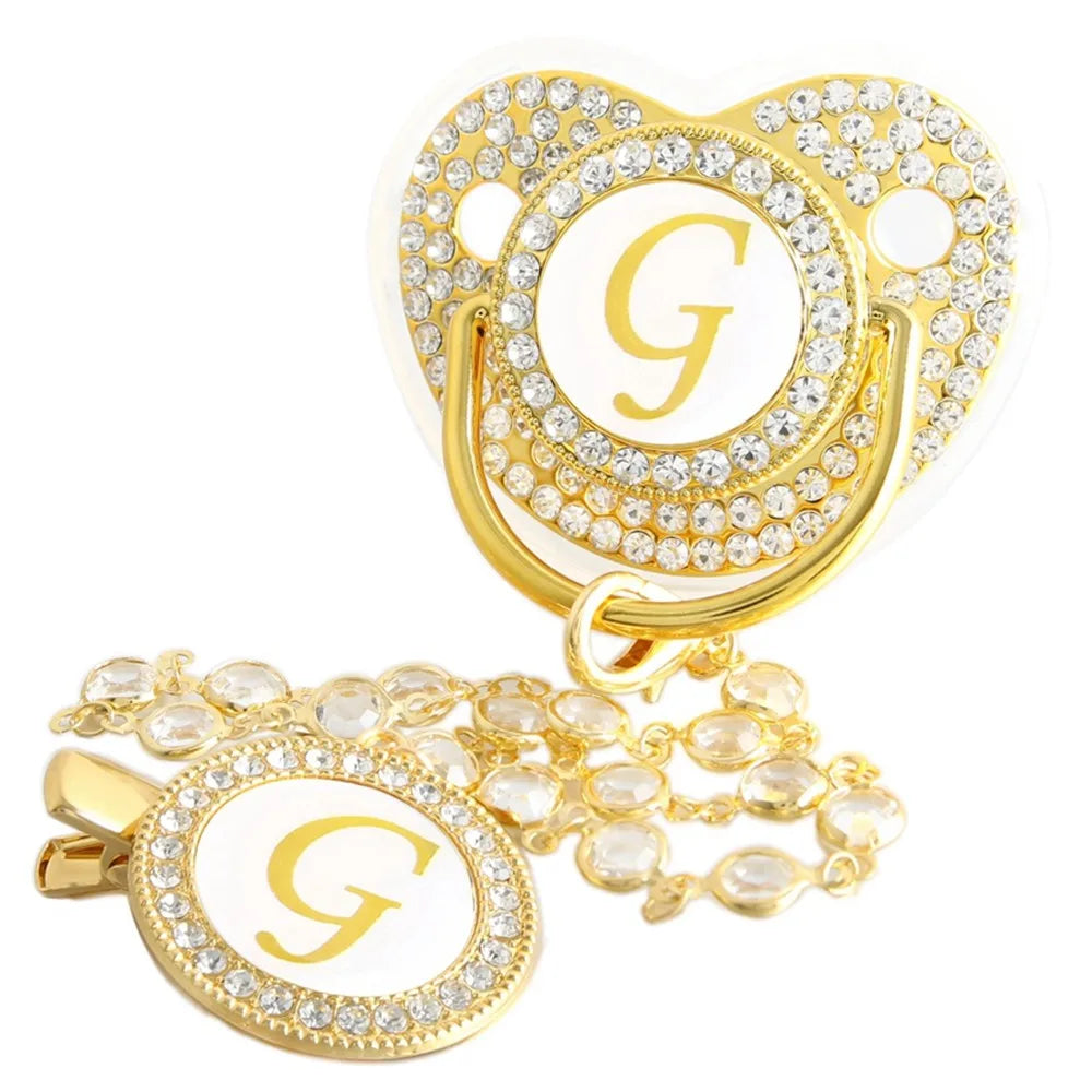 Golden Baby Pacifier With Diamond Chain Clip – Silicone, Rhinestone, Latex Free