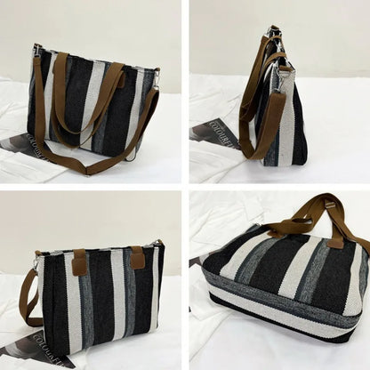 Striped Canvas Tote - Women's Crossbody Shoulder Bag With Zipper Closure, Versatile Daily Use
