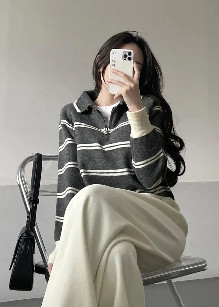 Korean Style Lazy Striped Zipper Color Block Long Sleeve Women's Soft Sweater Autumn Winter New Design Knitted Shirt