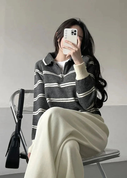 Korean Style Lazy Striped Zipper Color Block Long Sleeve Women's Soft Sweater Autumn Winter New Design Knitted Shirt