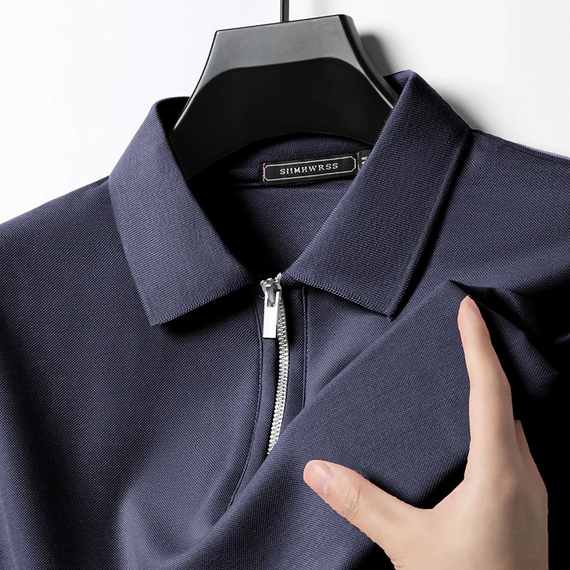 Summer New Men's Casual Slim Fit Polo Shirt Flip Collar Breathable Half Zipper Short Sleeve Top Solid Color Comfortable T-shirt