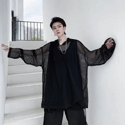 2024 Summer Dark Hollowed Out Mesh Hoodies T-shirt For Men Women Long Sleeves Loose Hooded Mesh Transparent Shirts