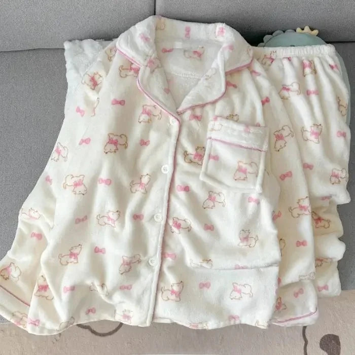 Plus Size Fluffy Winter Pajamas Women's Home Clothes Set Thickened Warmth Sleepwear with Running Dogs Design Cozy Indoor Suit
