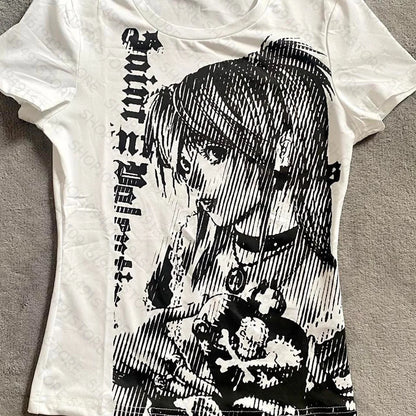 ropa de mujer Y2k anime Streetwear O-neck Text Print Tops Women Harajuku Clothes Vintage Crop Tee Aesthetic Casual T-shirt