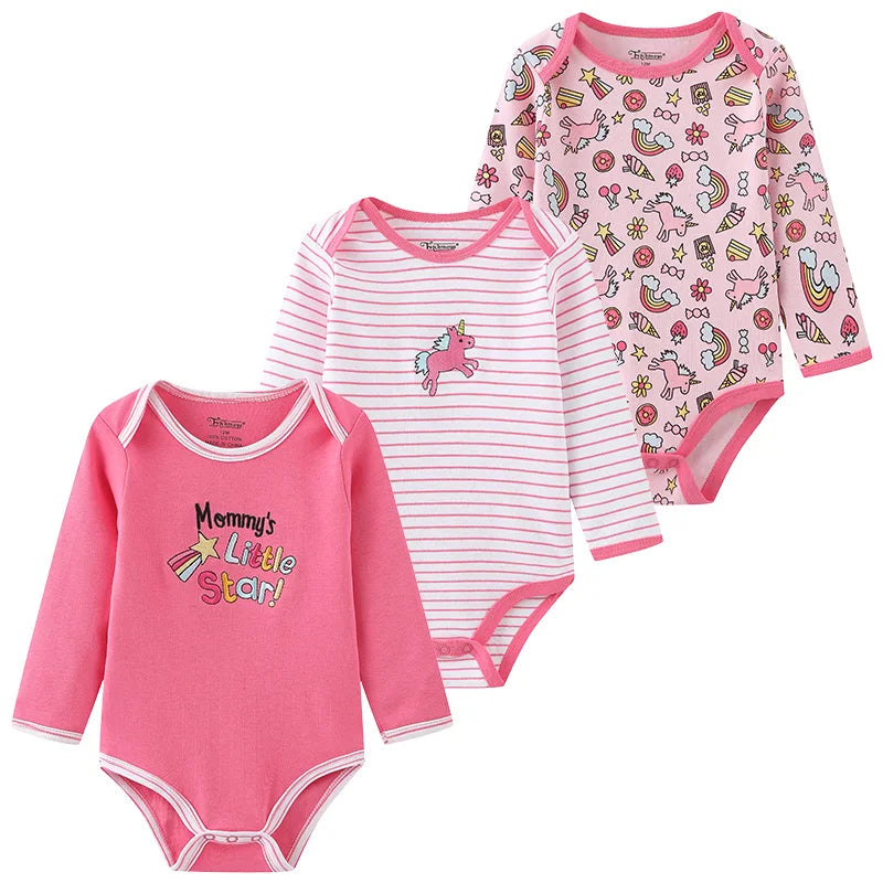 Baby Bodysuit Cotton - Newborn Onesies 3 Pcs Long Sleeve Soft Infant Bodysuits