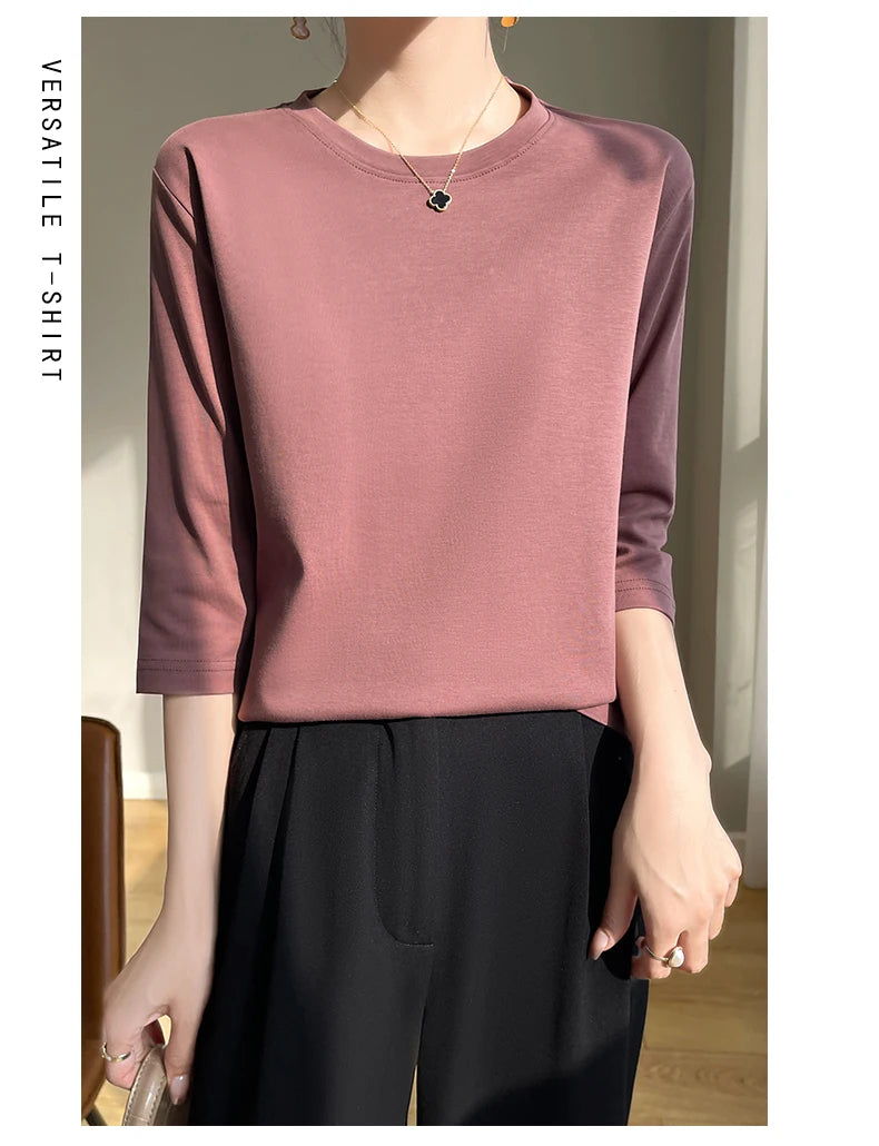 Summer Cotton Short-Sleeved T-Shirt Women's Round Neck Seven-Point Sleeves Loose Mercerized Cotton Half-Sleeve Shirt New T-shirt