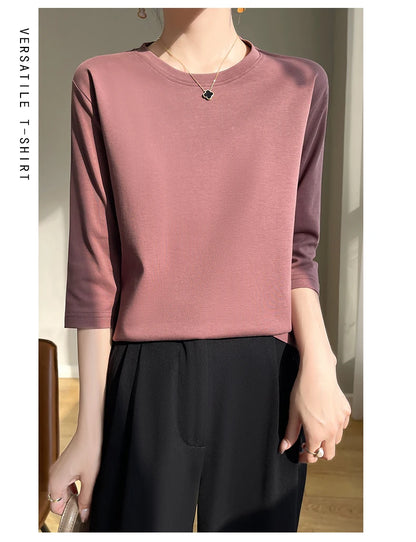 Summer Cotton Short-Sleeved T-Shirt Women's Round Neck Seven-Point Sleeves Loose Mercerized Cotton Half-Sleeve Shirt New T-shirt