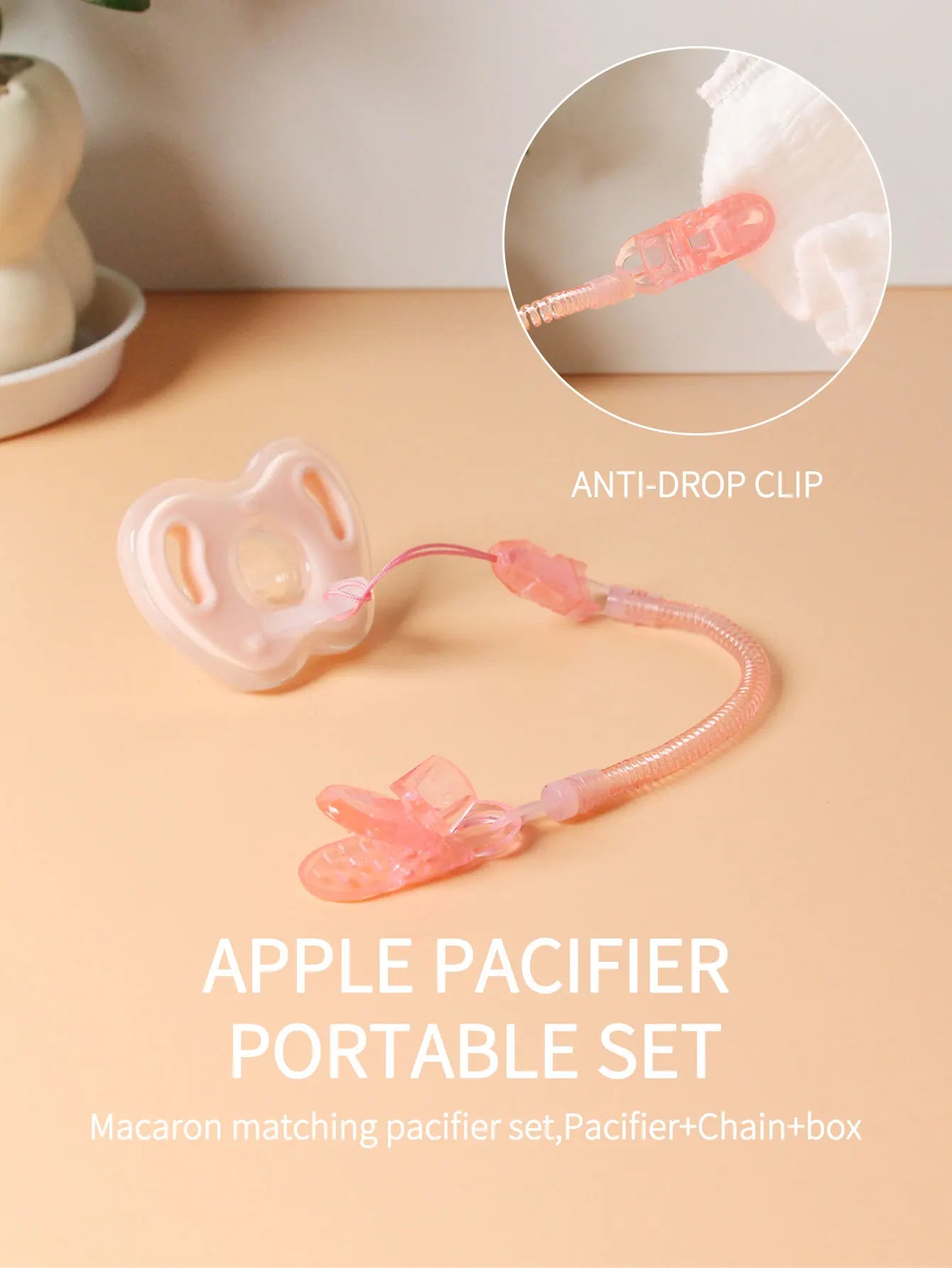 3Pcs Baby Apple Pacifier Set Silicone Soother with Spring pacifier chain and PP storage Box 100% BPA Free Portable Pacifier Set