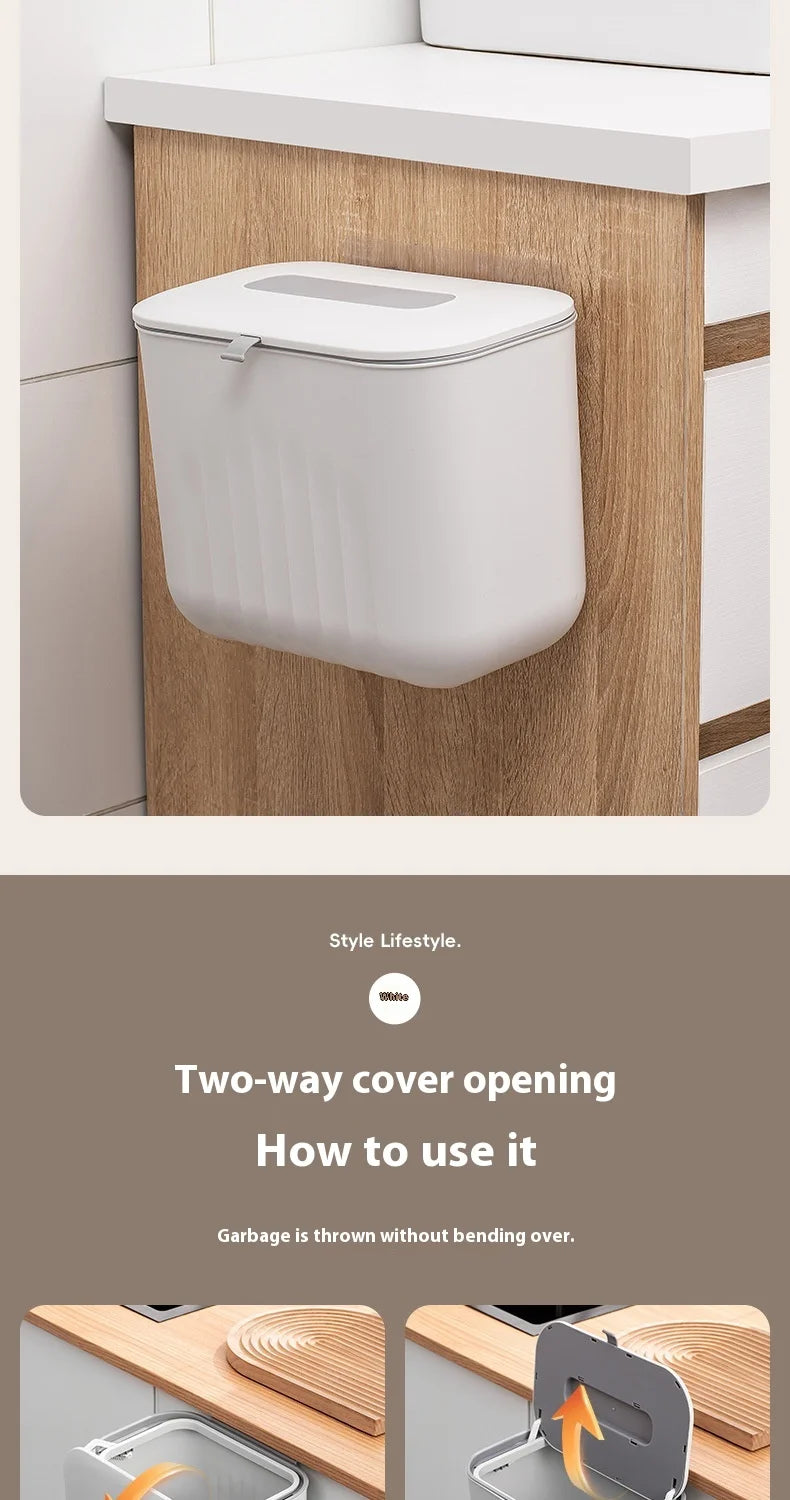 Wall-Mounted Trash Bin with Silicone Handle - Two-Way Opening Lid PP Storage Tube