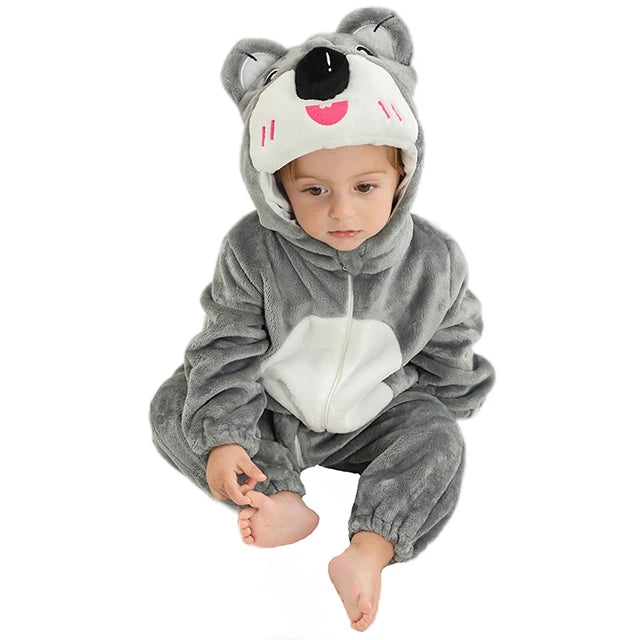 Baby Winter Rompers - Soft Polyester Hooded Jumpsuit With Animal Pattern, Machine Washable
