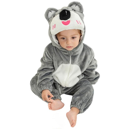 Baby Winter Rompers - Soft Polyester Hooded Jumpsuit With Animal Pattern, Machine Washable