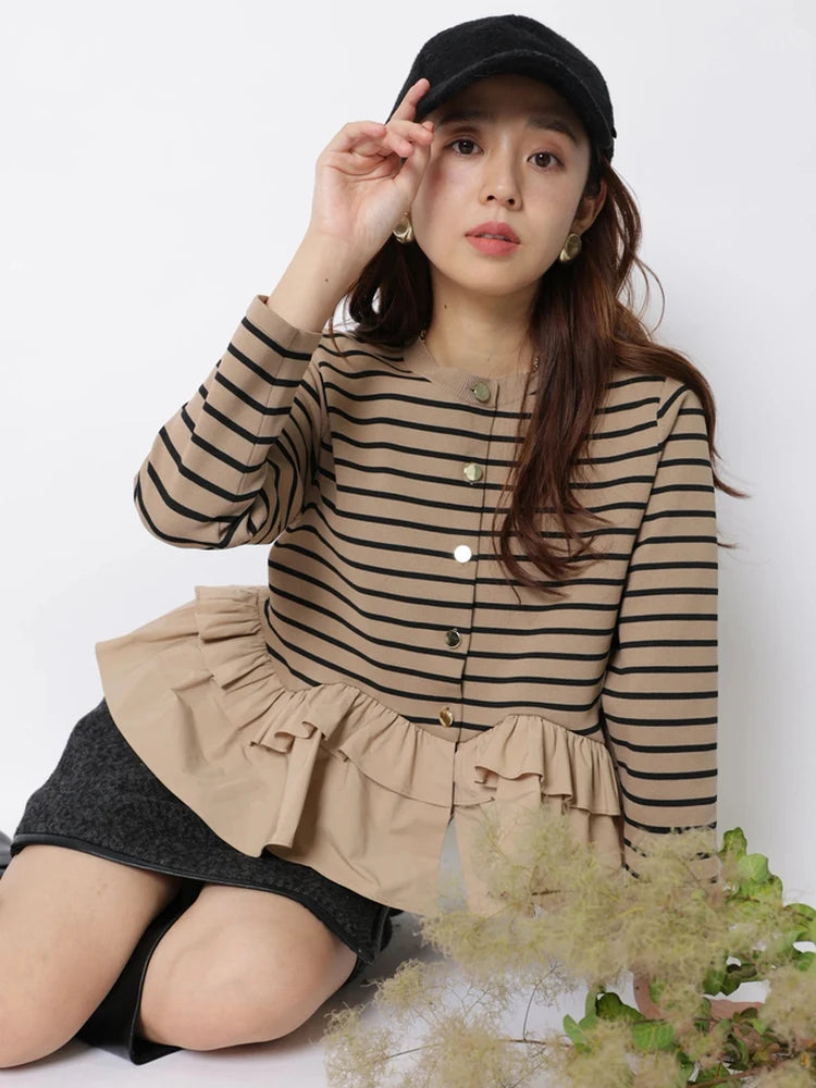 Fashionable Stripe Knitted Sweater Loose Fit Color Block Neckline Long Sleeve Women's Autumn Winter Casual Style Breathable