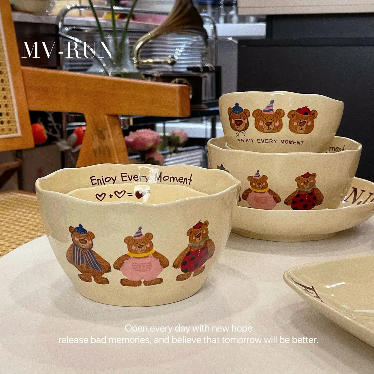 Korean Three Little Bear Cartoon Bowls - Cute Ceramic Tableware Set