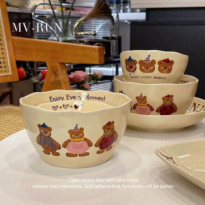 Korean Three Little Bear Cartoon Bowls - Cute Ceramic Tableware Set