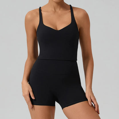 Hearuisavy Sports Tank Top Fitness Set 2Pcs Women Cross-Back Quick Dry Workout Vest Breathable High Waisted Tight Yoga Shorts