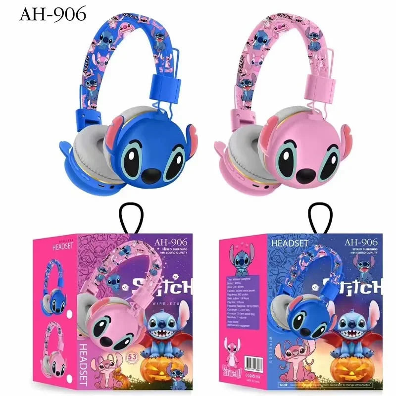 AH-906 Stitch Bluetooth Headphones AH-906 Cute Wireless Earbuds HIFI Sound Foldable Headsets with Mic Anime Cartoon Kids Gifts