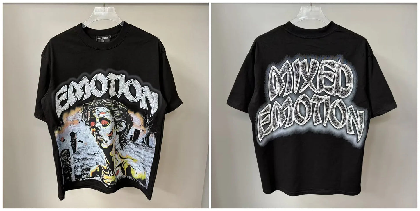 New MIXED-EMOTION Rhinestone cartoon printed pattern 100% cotton Men Women T-shirt Loose casual Shinning Diamond Tees Oversized Top