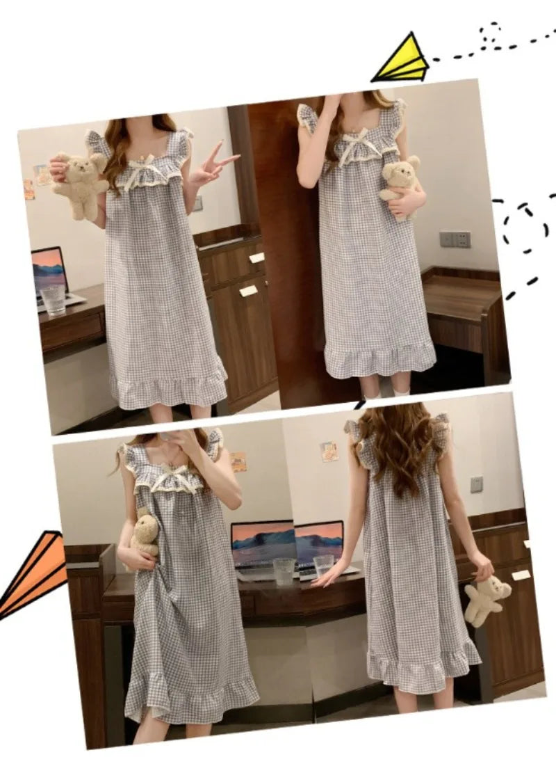 Women Korean Sweet Plaid Bow Design Nightgown with Straps Sleep Dress Cute Summer New Loungewear Y2K Nightgown with Built-in Bra