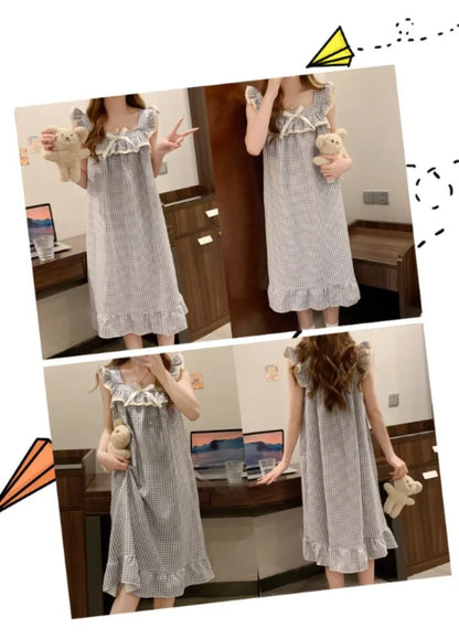 Women Korean Sweet Plaid Bow Design Nightgown with Straps Sleep Dress Cute Summer New Loungewear Y2K Nightgown with Built-in Bra