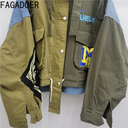 FAGADOER Retro Letter Printing Jacket Women Streetwear Green Cargo Pocket Denim Patchwork Fashion Coat Female Clothing 2025 New