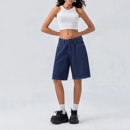 New Fashion Womens Knee Length Denim Shorts Loose Solid Color Low Rise Wide Leg Long Shorts With Pockets For Summer S-2XL