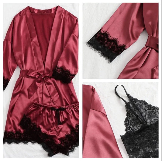 Women's Sexy Pajamas Nightgowns Lingerie Shorts 4-piece Lace Camisole Pajama Set Home Robe Nightgowns Leisure wear
